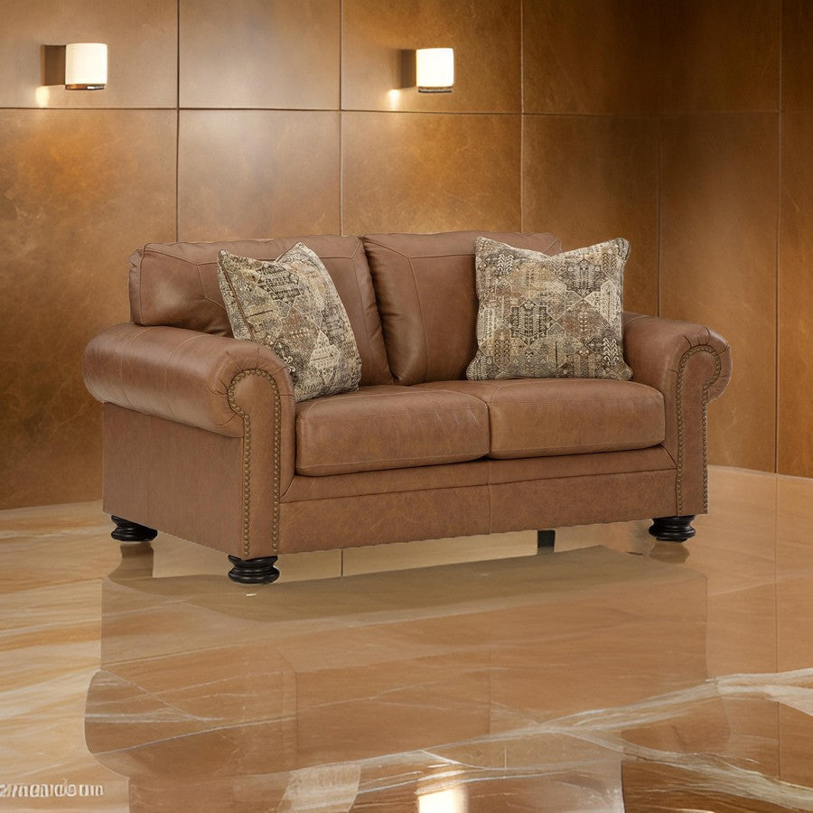 Riana 74 Inch Loveseat 2 Accent Pillows Caramel Brown Genuine Leather By Casagear Home BM312055