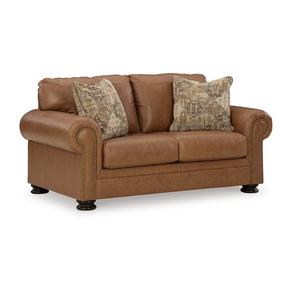 Riana 74 Inch Loveseat, 2 Accent Pillows, Caramel Brown Genuine Leather By Casagear Home