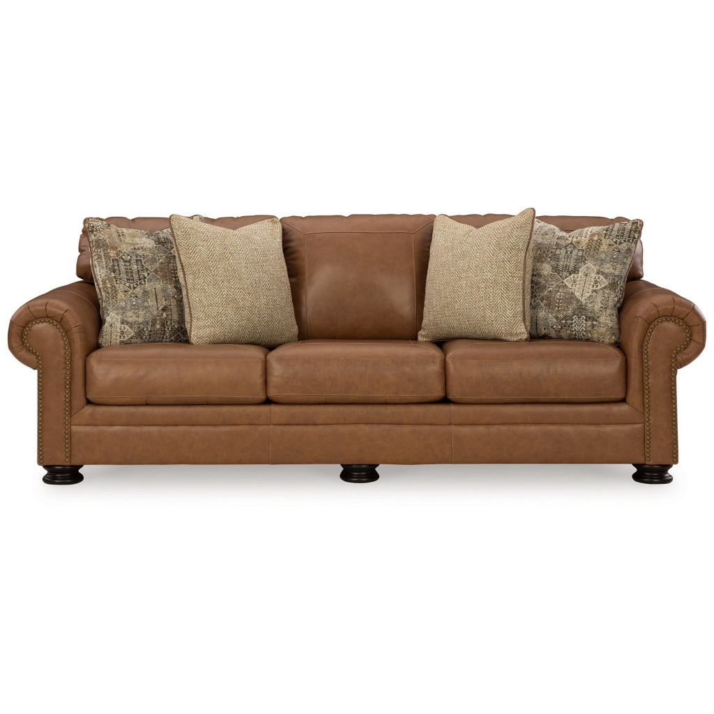 Riana 101 Inch Sofa 4 Accent Pillows Caramel Brown Genuine Leather By Casagear Home BM312056