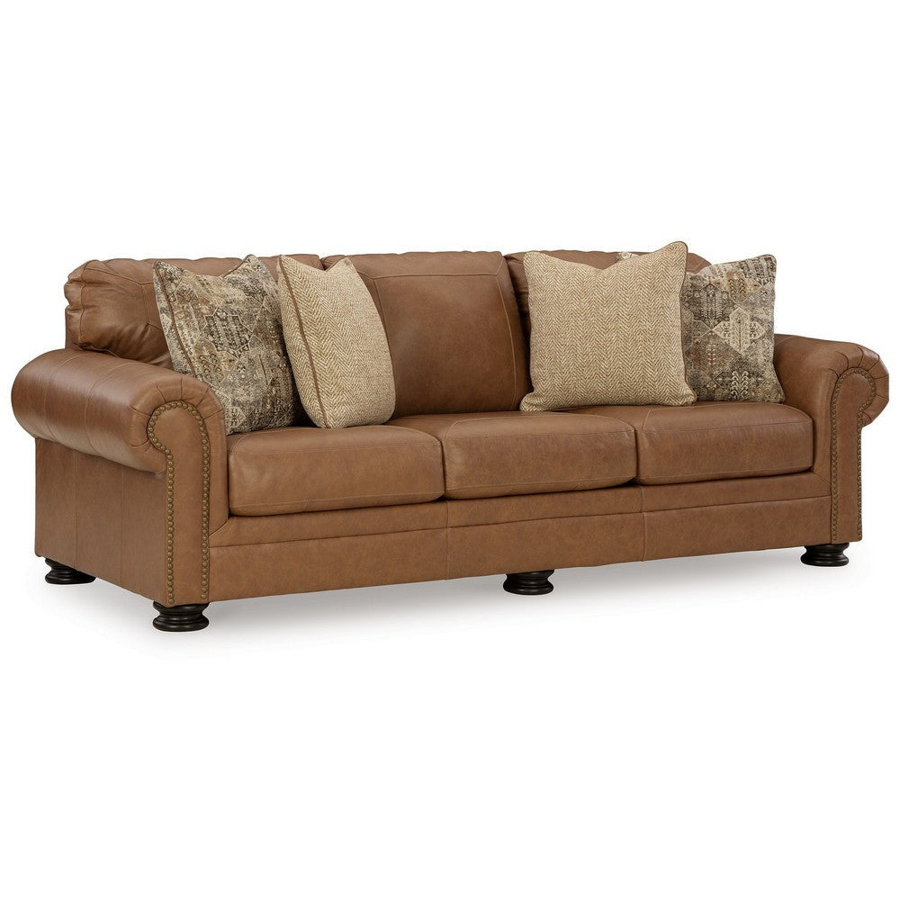 Riana 101 Inch Sofa, 4 Accent Pillows, Caramel Brown Genuine Leather By Casagear Home