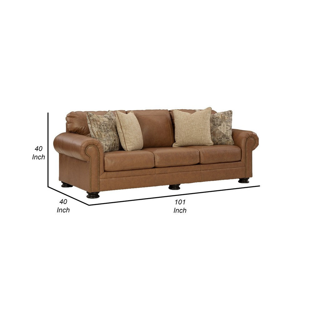 Riana 101 Inch Sofa 4 Accent Pillows Caramel Brown Genuine Leather By Casagear Home BM312056