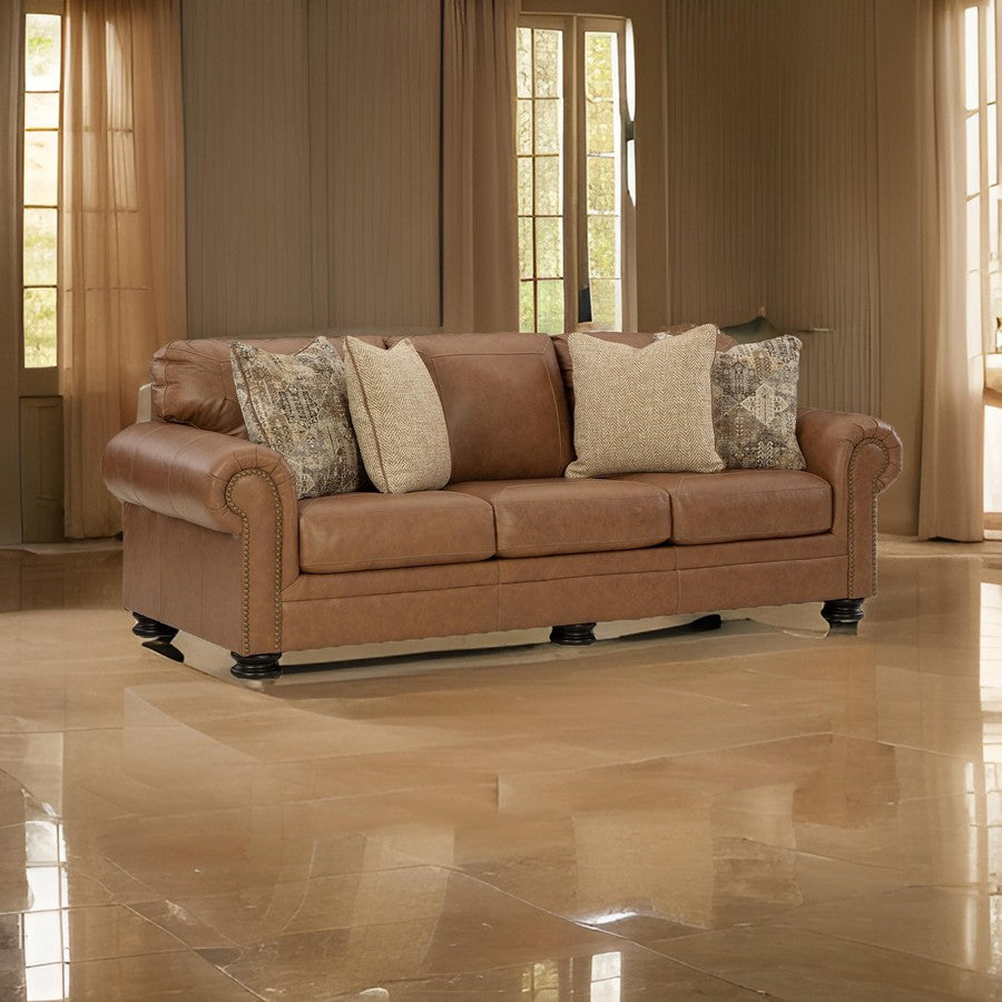 Riana 101 Inch Sofa 4 Accent Pillows Caramel Brown Genuine Leather By Casagear Home BM312056