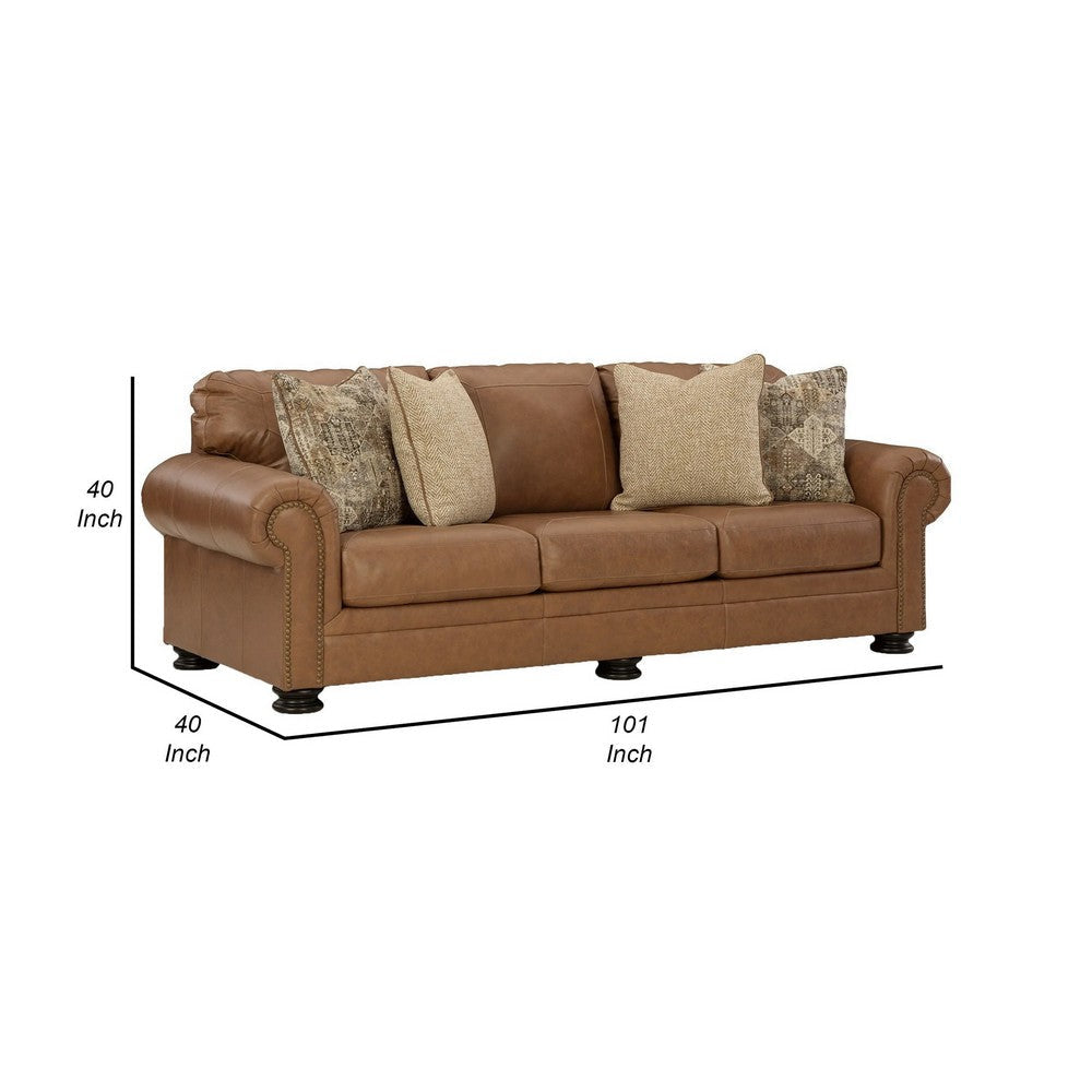 Riana 101 Inch Queen Sofa Sleeper 4 Accent Pillows Caramel Brown Leather By Casagear Home BM312057