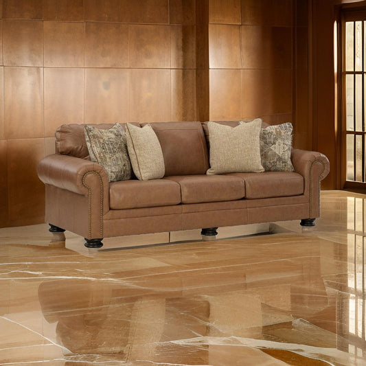 Riana 101 Inch Queen Sofa Sleeper 4 Accent Pillows Caramel Brown Leather By Casagear Home BM312057