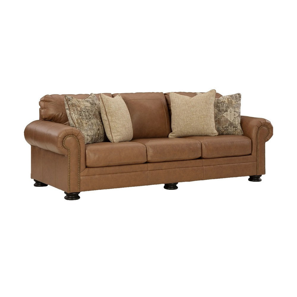 Riana 101 Inch Queen Sofa Sleeper, 4 Accent Pillows, Caramel Brown Leather By Casagear Home