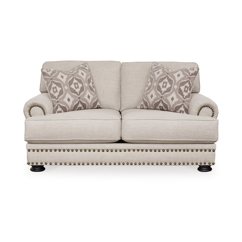 Moore 72 Inch Loveseat 2 Accent Pillows Nailhead Beige Chenille Polyester By Casagear Home BM312060