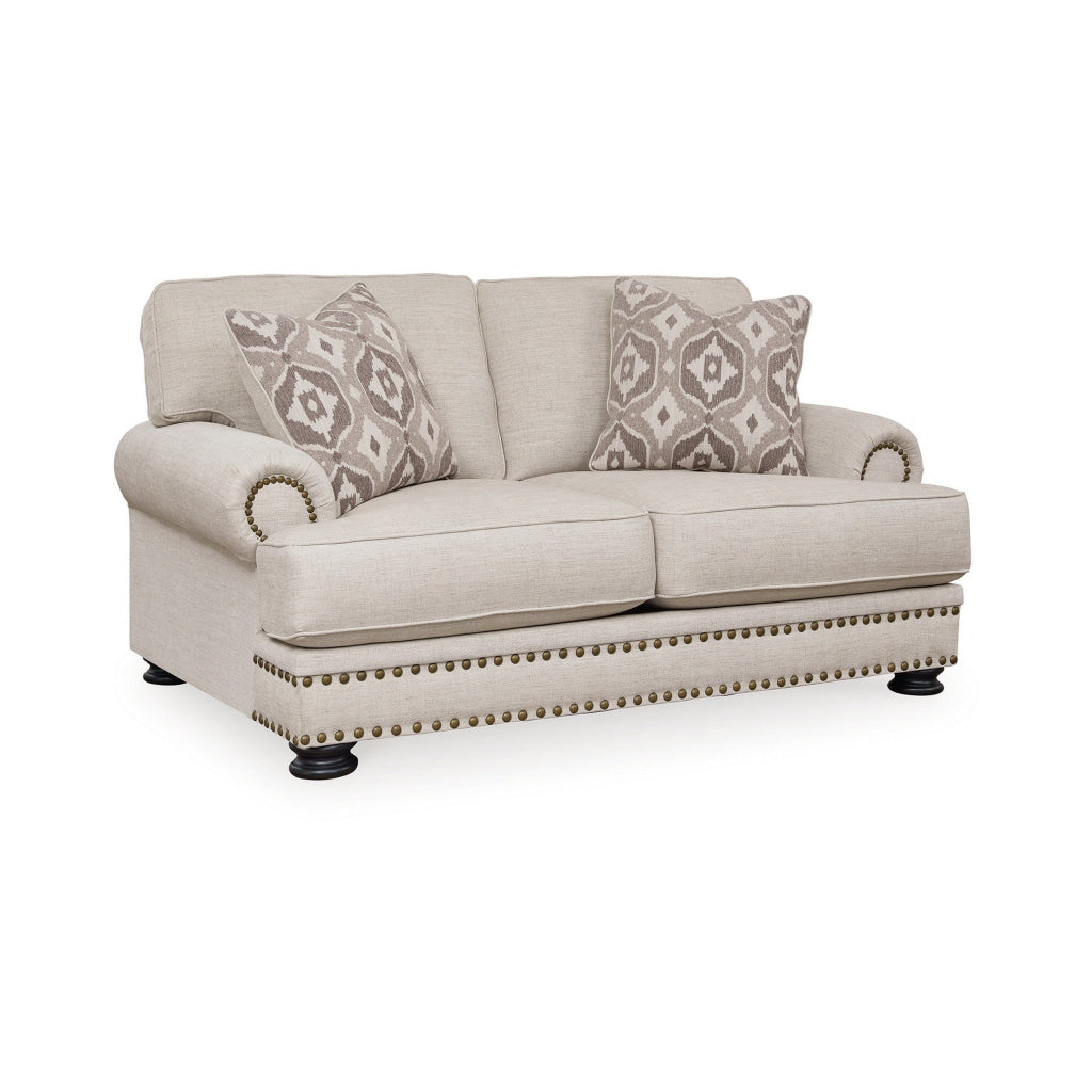 Moore 72 Inch Loveseat 2 Accent Pillows Nailhead Beige Chenille Polyester By Casagear Home BM312060