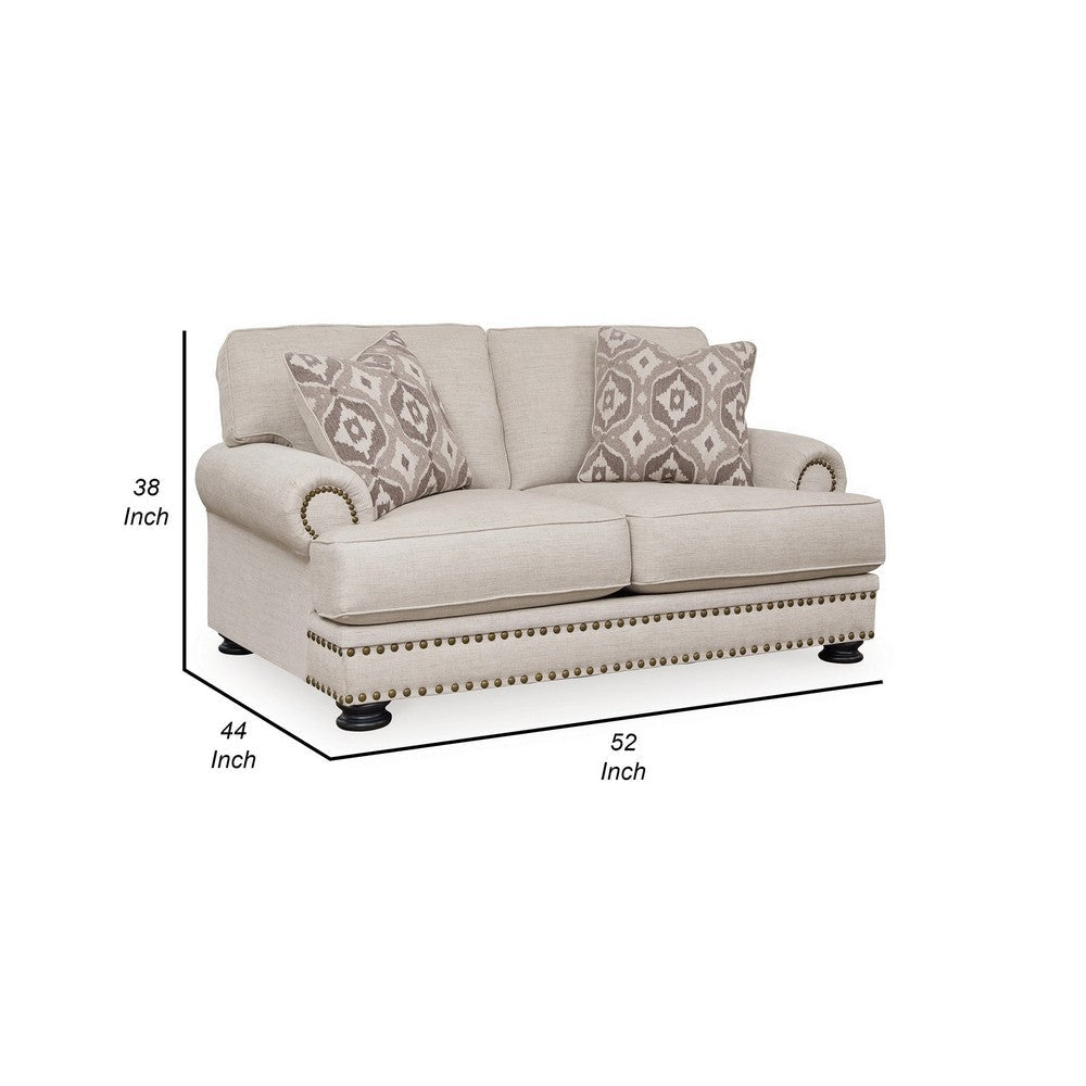 Moore 72 Inch Loveseat 2 Accent Pillows Nailhead Beige Chenille Polyester By Casagear Home BM312060