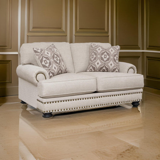 Moore 72 Inch Loveseat 2 Accent Pillows Nailhead Beige Chenille Polyester By Casagear Home BM312060