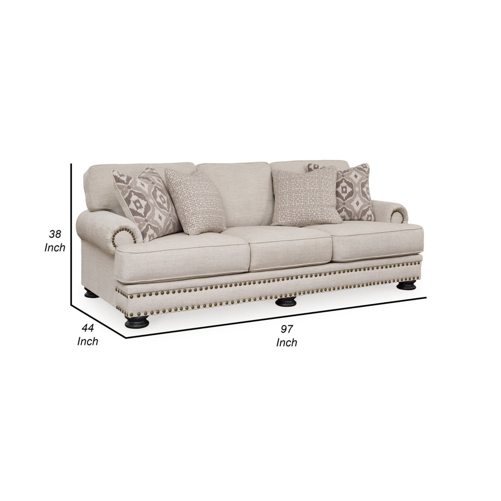 Moore 97 Inch Sofa 4 Accent Pillows Nailhead Beige Chenille Polyester By Casagear Home BM312061