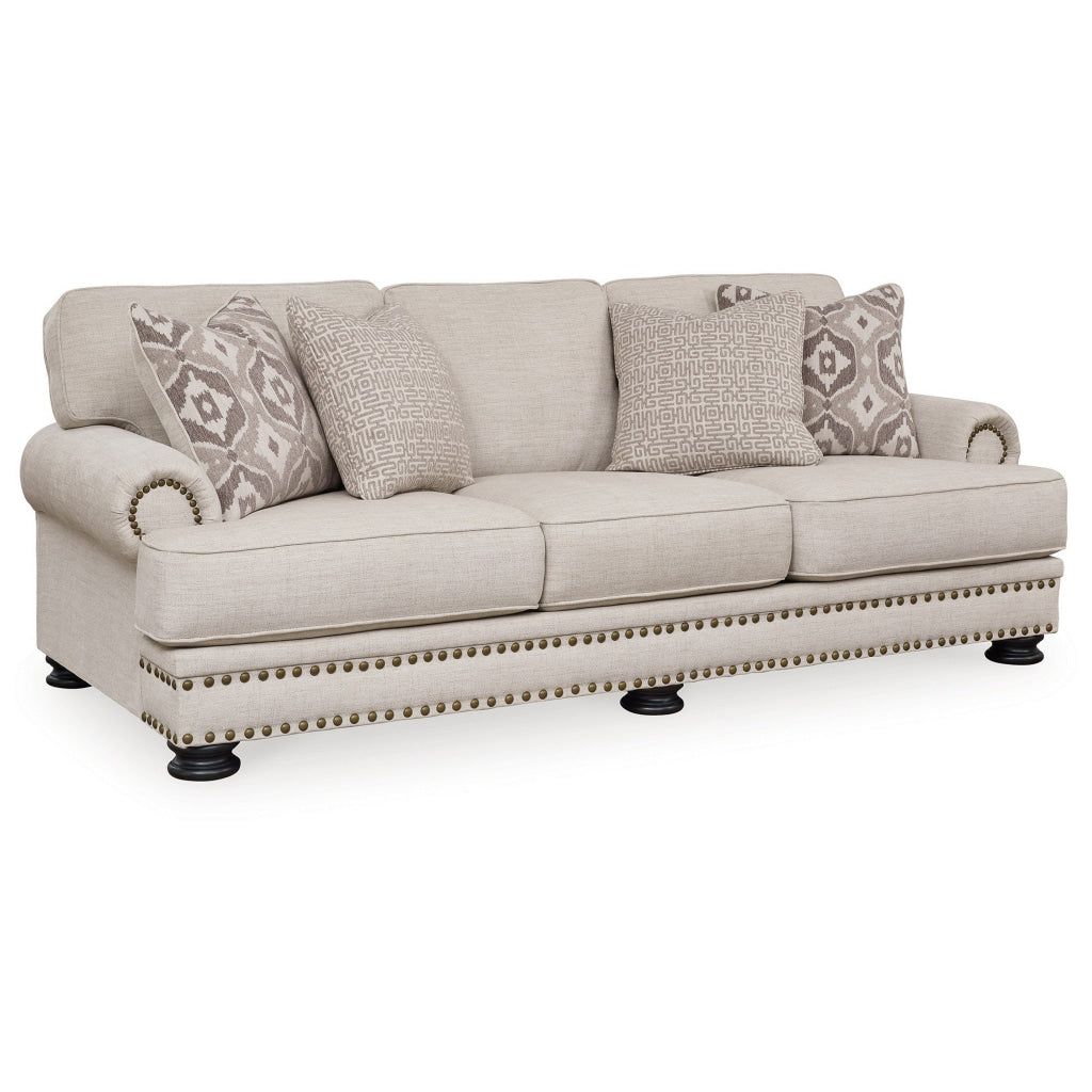 Moore 97 Inch Sofa 4 Accent Pillows Nailhead Beige Chenille Polyester By Casagear Home BM312061