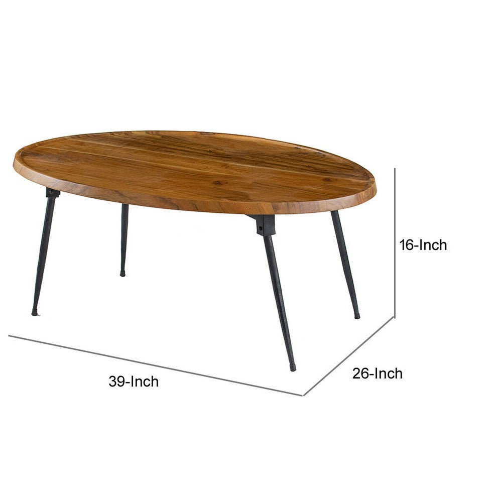 Aji 39 Inch Coffee Table Oval Brown Wood Grain Acacia Wood Top Metal Legs By Casagear Home BM312077