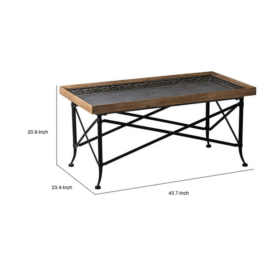 44 Inch Coffee Table Vintage Style Wood Tray Top Metal Base Brown Black By Casagear Home BM312079