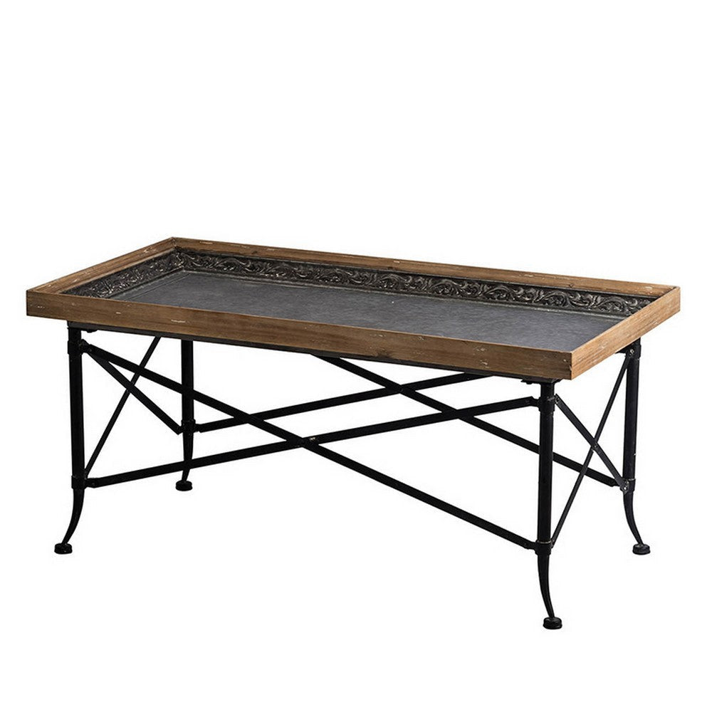 44 Inch Coffee Table Vintage Style Wood Tray Top Metal Base Brown Black By Casagear Home BM312079