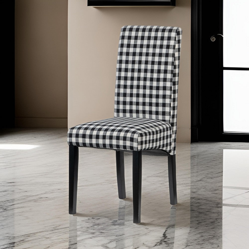 21 Inch Side Dining Chair Set of 2, Black, White Checkered Gingham Fabric  By Casagear Home