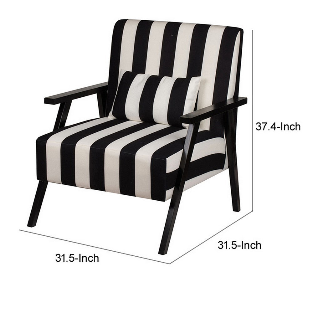 32 Inch Accent Armchair with Throw Pillow Black White Polyester Stripes By Casagear Home BM312088