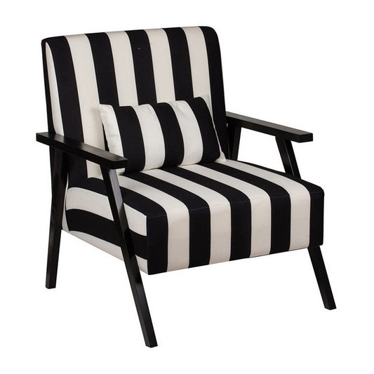 32 Inch Accent Armchair with Throw Pillow, Black White Polyester Stripes By Casagear Home