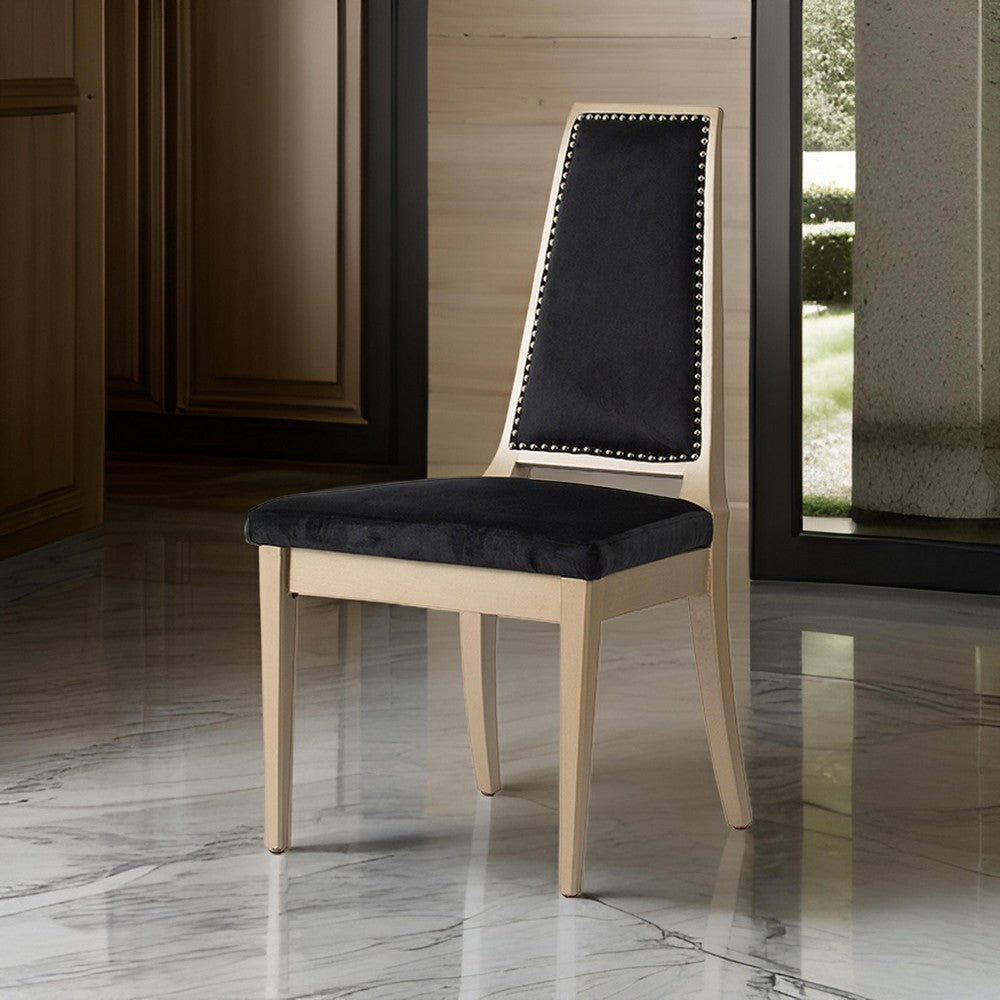 23 Inch Side Dining Chair, Black Soft Velvet Upholstery, Beige Rubberwood By Casagear Home