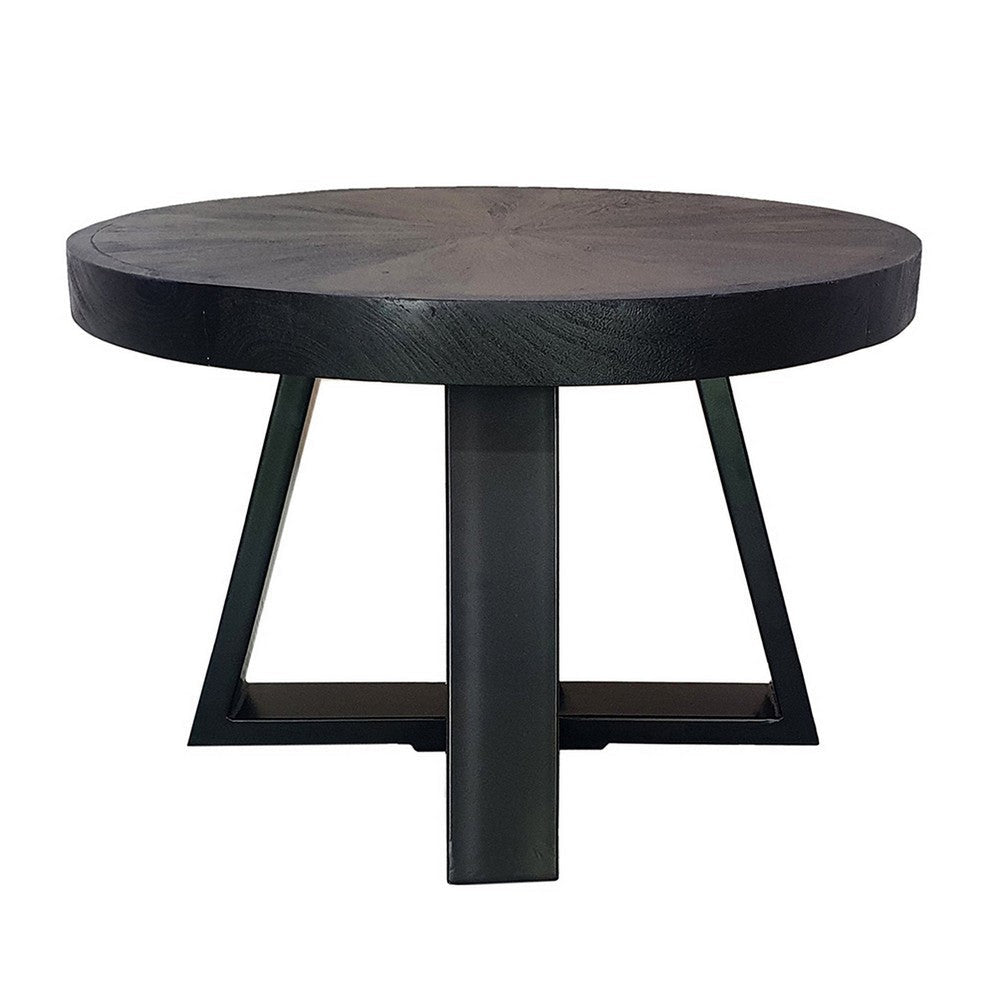 Raj 24 Inch Round Coffee Table Cross Leg Design Black Acacia Wood Iron By Casagear Home BM312091