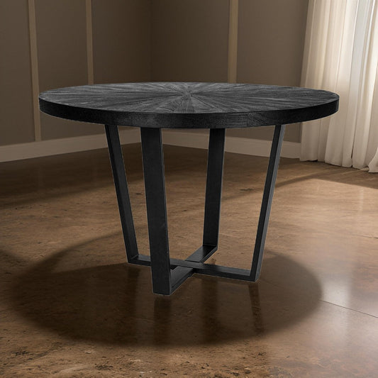 Raj 47 Inch Round Dining Table, Cross Legs Design, Black Acacia Wood, Iron By Casagear Home