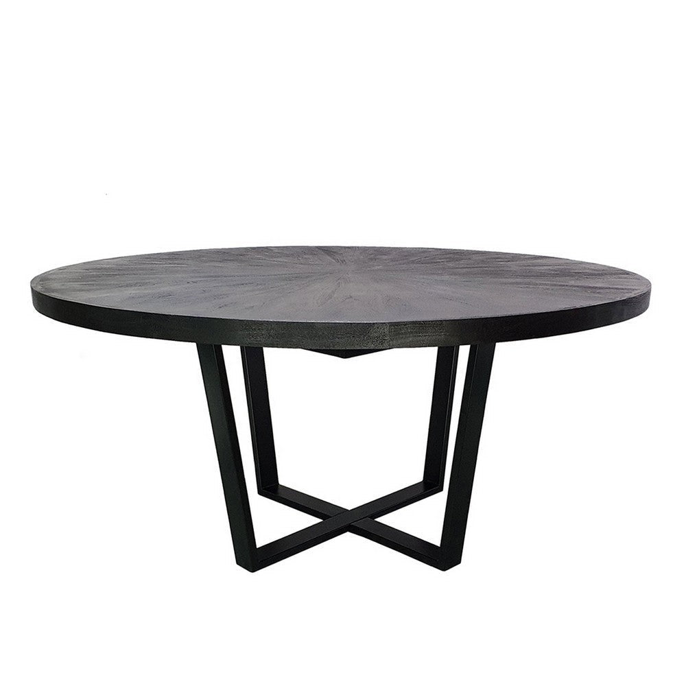 Raj 63 Inch Round Dining Table Cross Legs Design Black Acacia Wood Iron By Casagear Home BM312096