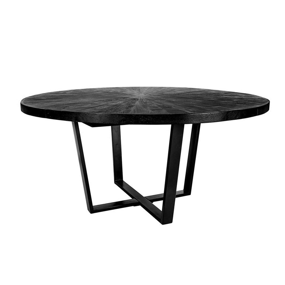 Raj 63 Inch Round Dining Table, Cross Legs Design, Black Acacia Wood, Iron By Casagear Home