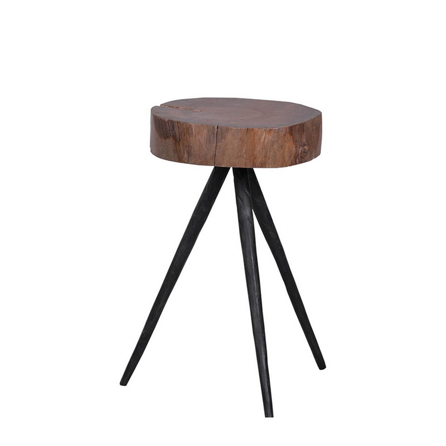 24 Inch Side End Table Round Mango Wood Brown Tree Top Black Metal Tripod By Casagear Home BM312099