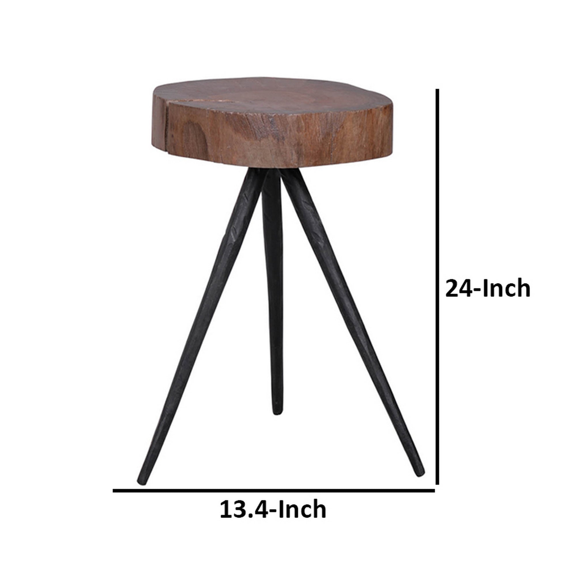 24 Inch Side End Table Round Mango Wood Brown Tree Top Black Metal Tripod By Casagear Home BM312099