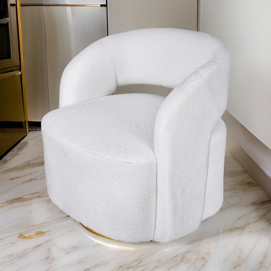 Xion 30 Inch Swivel Accent Chair White Fabric Upholstery Gold Iron Base By Casagear Home BM312103