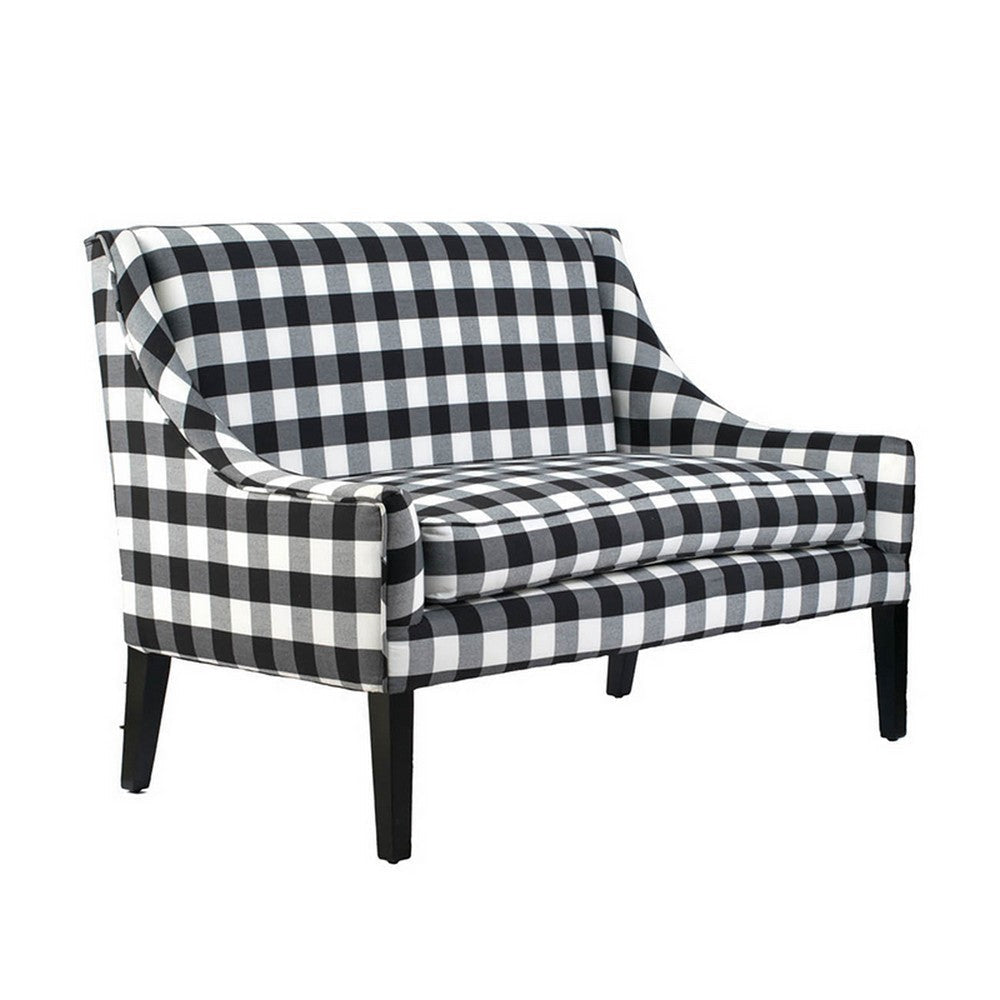 52 Inch Loveseat Settee Black and White Plaid Gingham Linen Plush Foam By Casagear Home BM312112