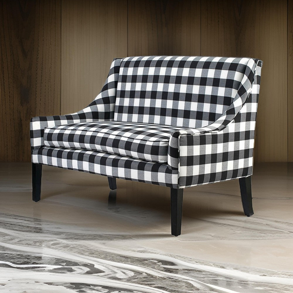 52 Inch Loveseat Settee Black and White Plaid Gingham Linen Plush Foam By Casagear Home BM312112