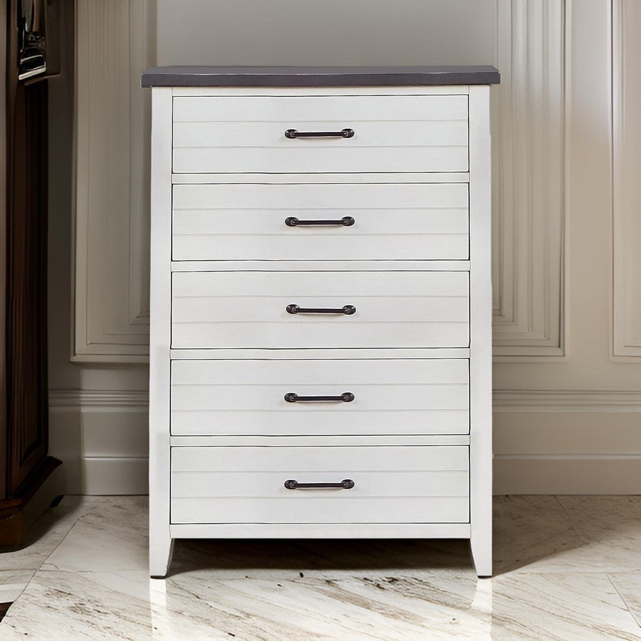 Akira 42 Inch Tall Dresser Chest 5 Drawers White Solid Wood Gray Top By Casagear Home BM312113