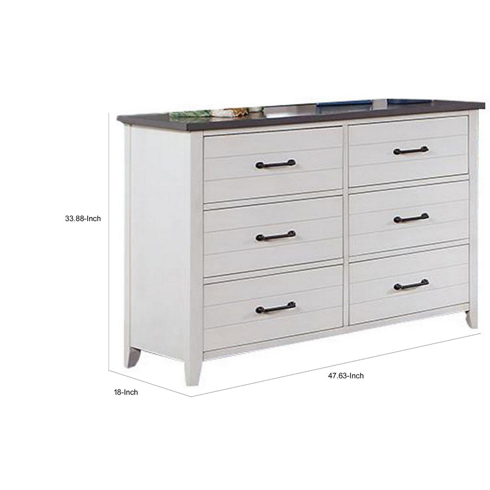 Akira 48 Inch Wide Dresser 6 Drawers White Solid Wood and Gray Top By Casagear Home BM312114