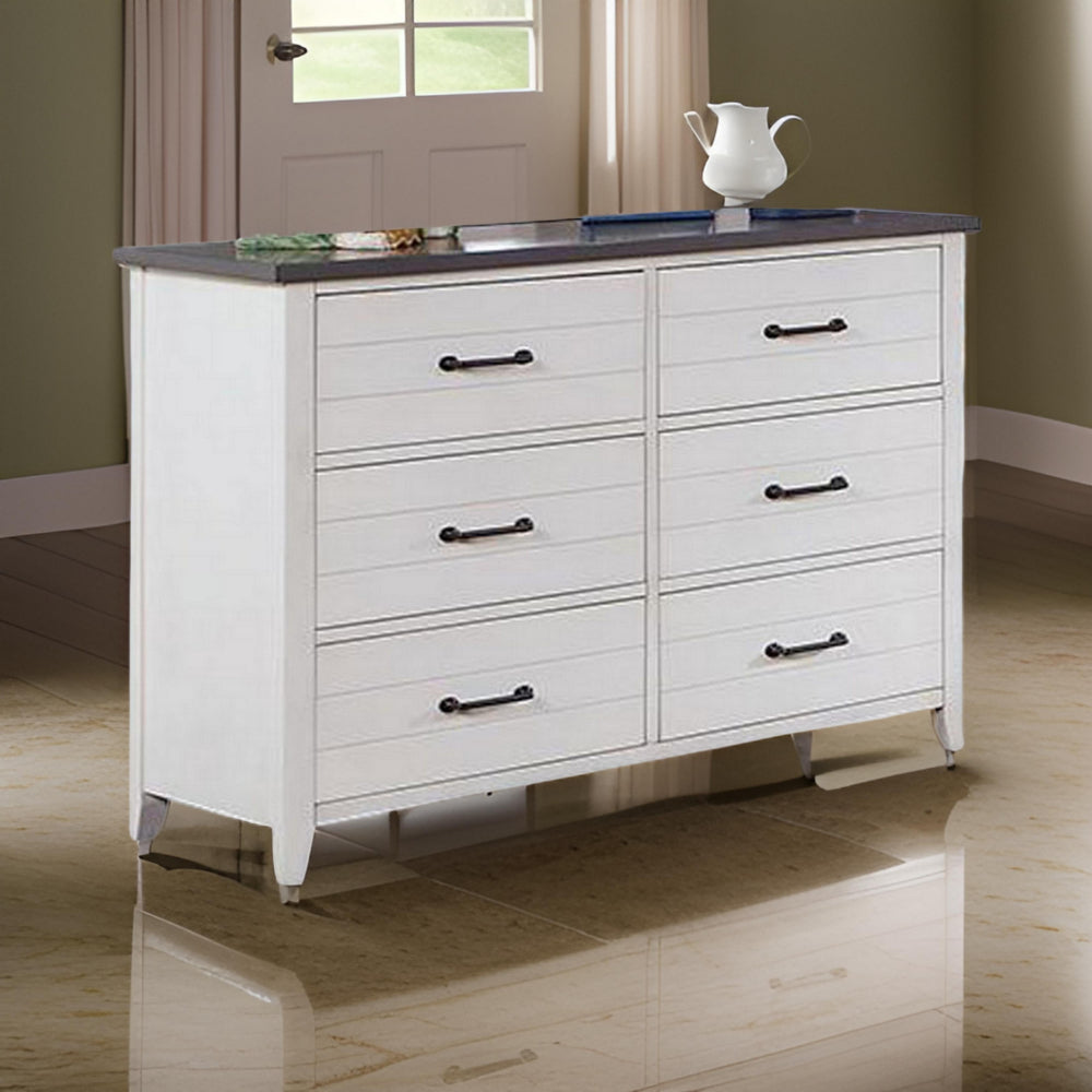 Akira 48 Inch Wide Dresser 6 Drawers White Solid Wood and Gray Top By Casagear Home BM312114