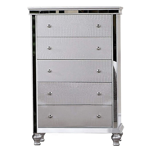 Carlos 52 Inch Tall Dresser Chest, Faux Crocodile, 5 Drawer, Silver Mirror By Casagear Home