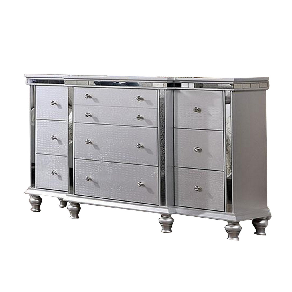 Carlos 62 Inch Dresser Crocodile Texture 9 Drawers Silver Mirrored By Casagear Home BM312120