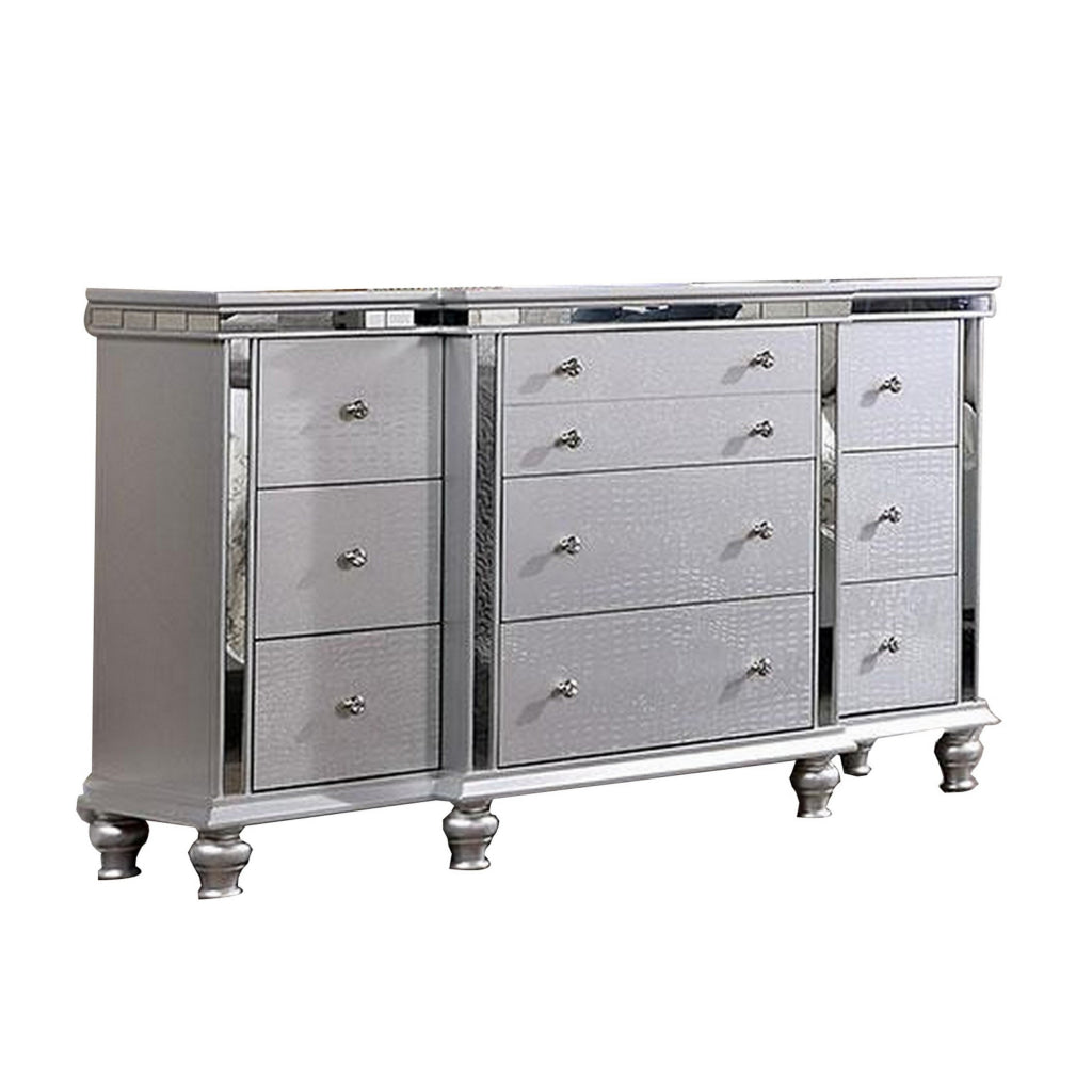 Carlos 62 Inch Dresser Crocodile Texture 9 Drawers Silver Mirrored By Casagear Home BM312120