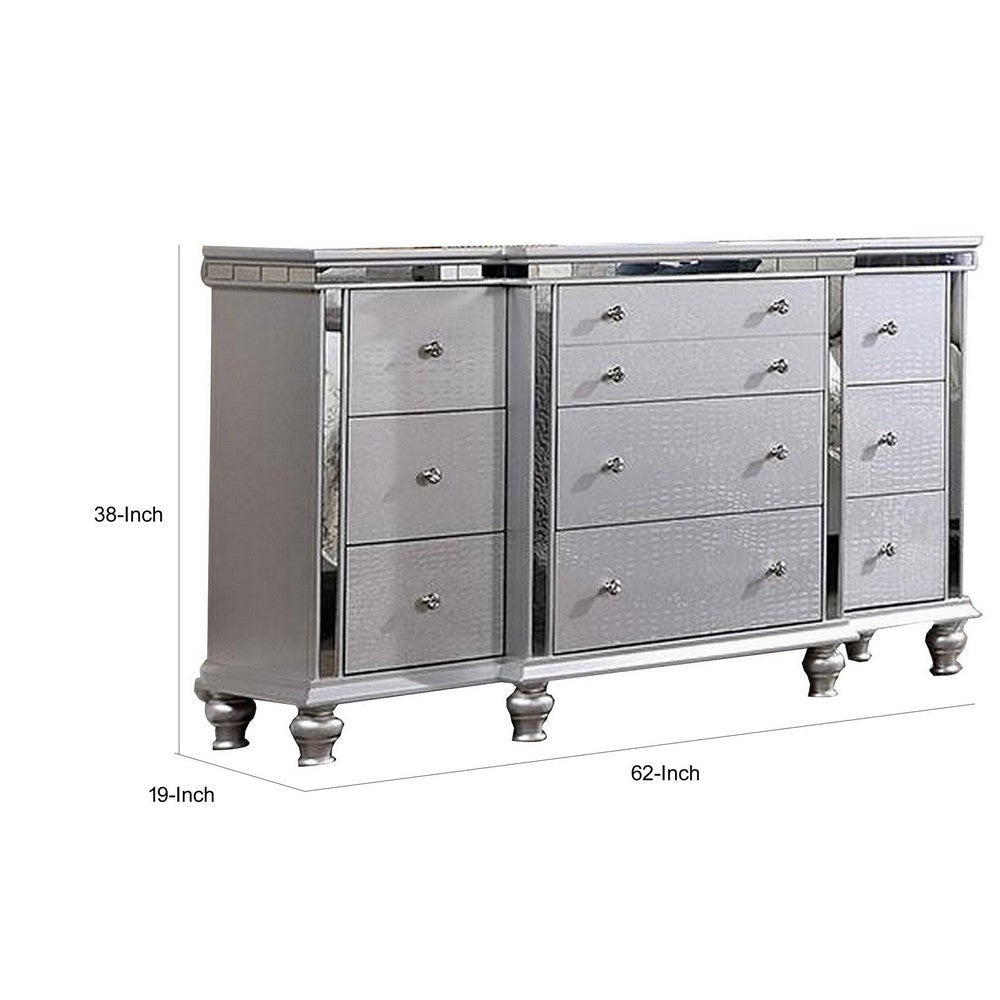 Carlos 62 Inch Dresser Crocodile Texture 9 Drawers Silver Mirrored By Casagear Home BM312120