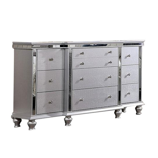 Carlos 62 Inch Dresser, Crocodile Texture, 9 Drawers, Silver Mirrored By Casagear Home