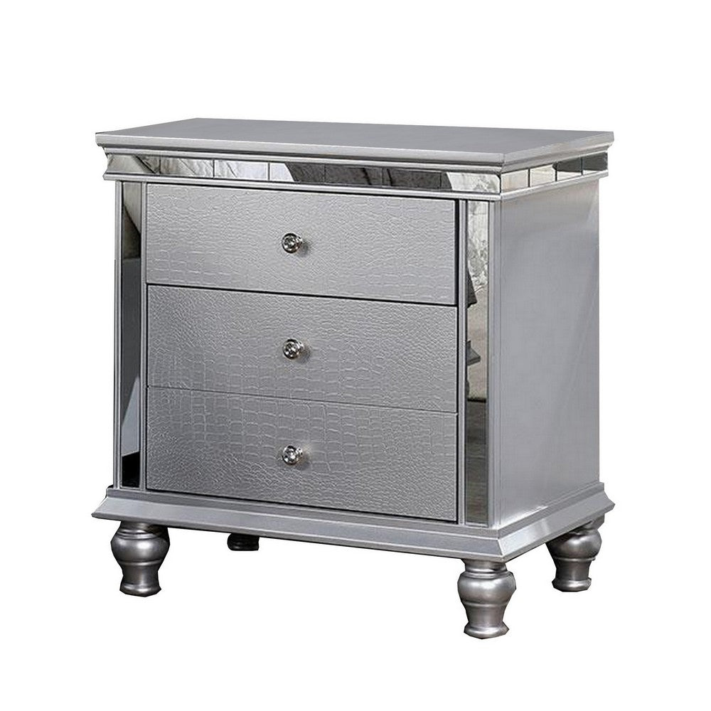 Carlos 28 Inch Nightstand Crocodile Texture 3 Drawers Mirrored Silver By Casagear Home BM312121