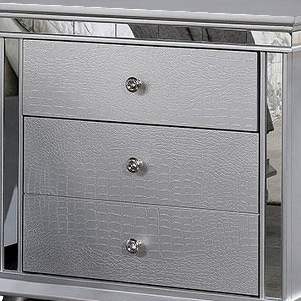 Carlos 28 Inch Nightstand Crocodile Texture 3 Drawers Mirrored Silver By Casagear Home BM312121