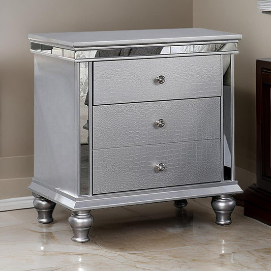 Carlos 28 Inch Nightstand, Crocodile Texture, 3 Drawers, Mirrored, Silver By Casagear Home