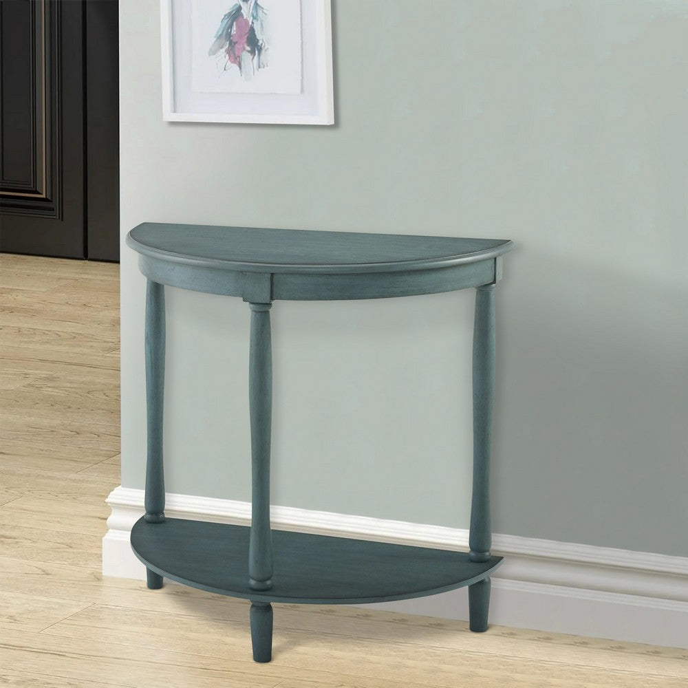 Kiana 28 Inch Side End Table Bottom Shelf Semicircle Antique Teal Wood By Casagear Home BM312129