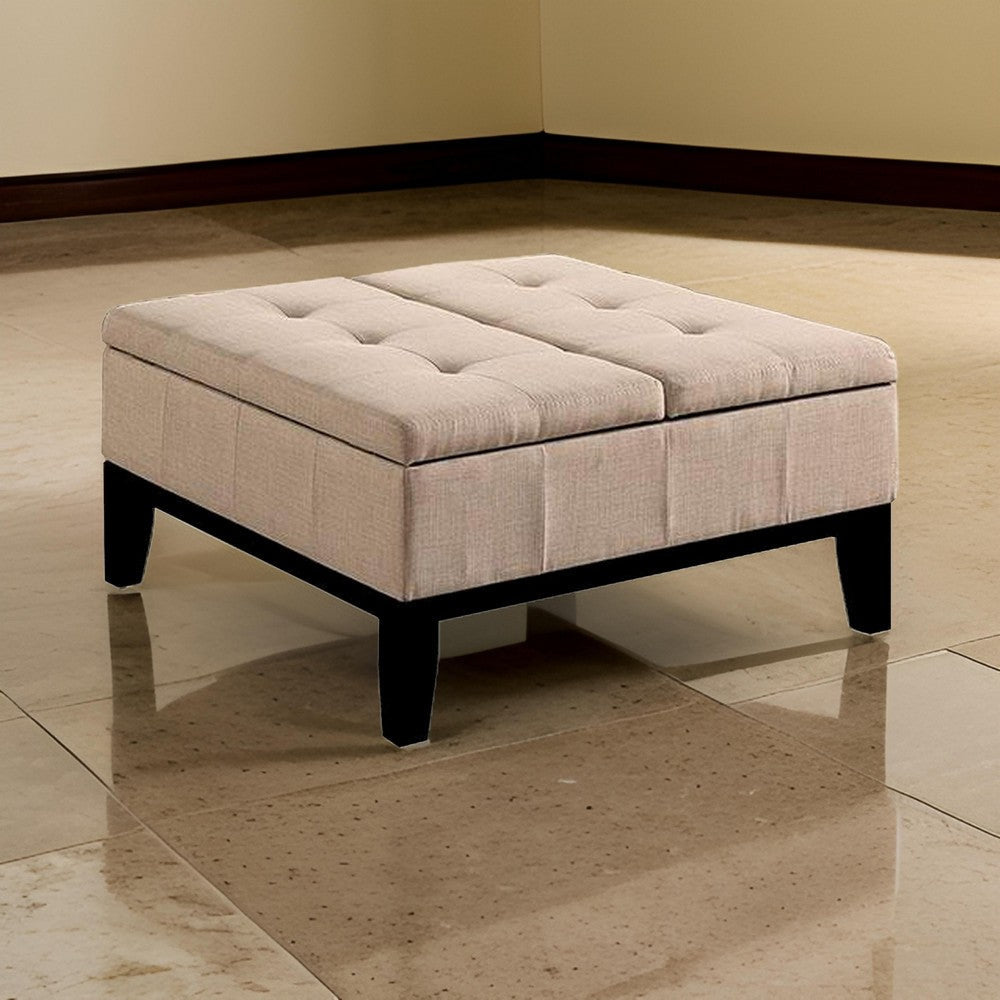 Orin 36 Inch Ottoman, Split Storage Lid, Tufted Beige Upholstery, Wood By Casagear Home