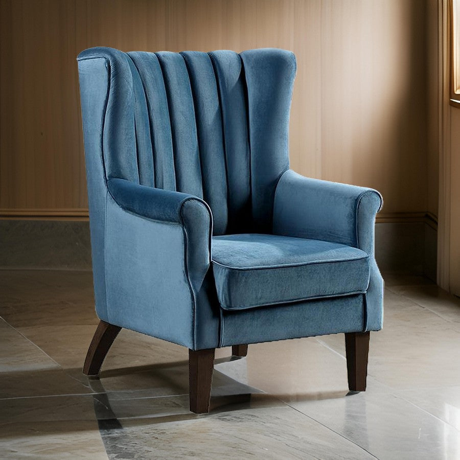 32 Inch Accent Chair Wingback Channel Tufted Dark Teal Fabric Solid Wood By Casagear Home BM312138