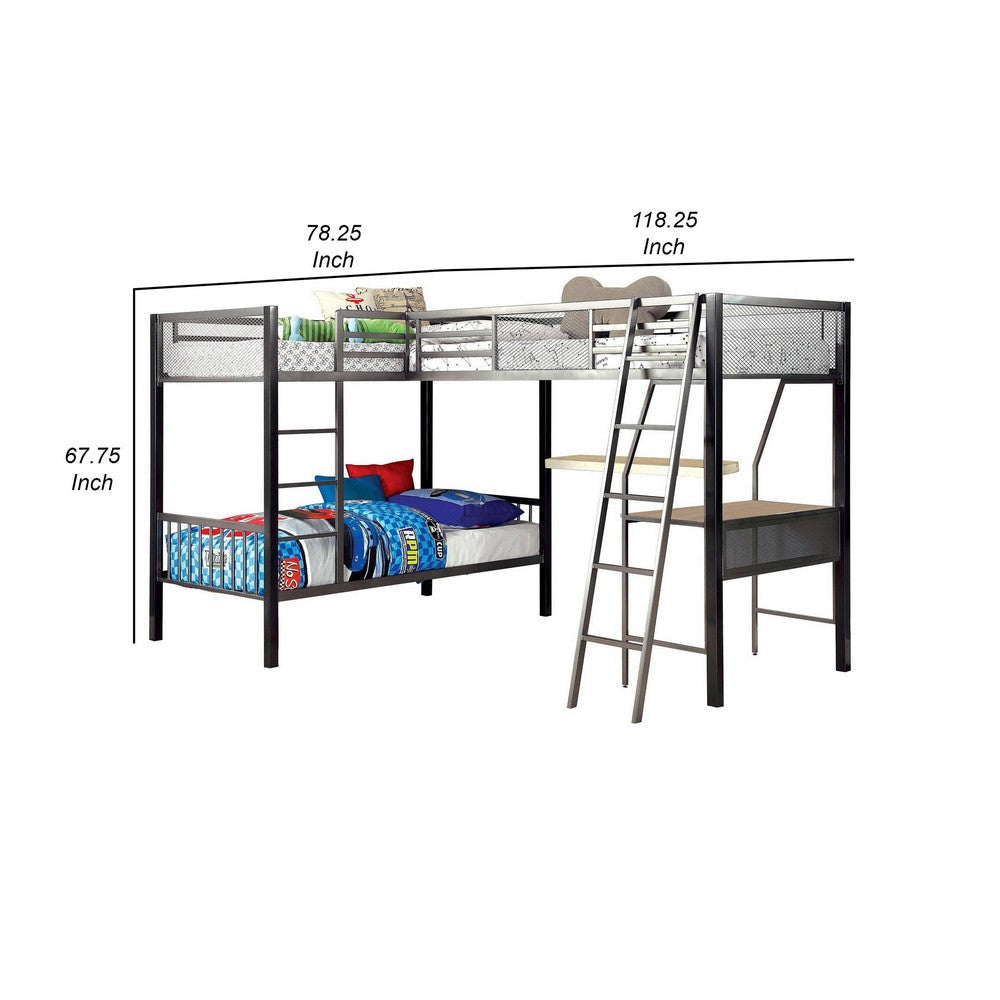 Triple Twin Size Bunk Beds with Desk and Ladders Silver Metal Frame By Casagear Home BM312140