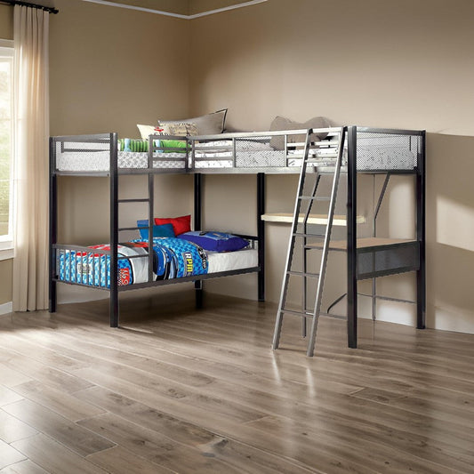 Triple Twin Size Bunk Beds with Desk and Ladders Silver Metal Frame By Casagear Home BM312140