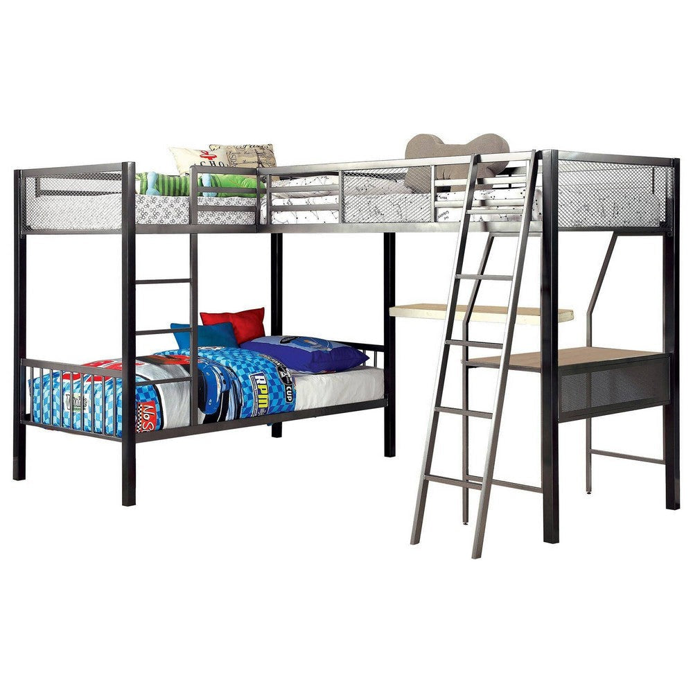 Triple Twin Size Bunk Beds with Desk and Ladders, Silver Metal Frame By Casagear Home