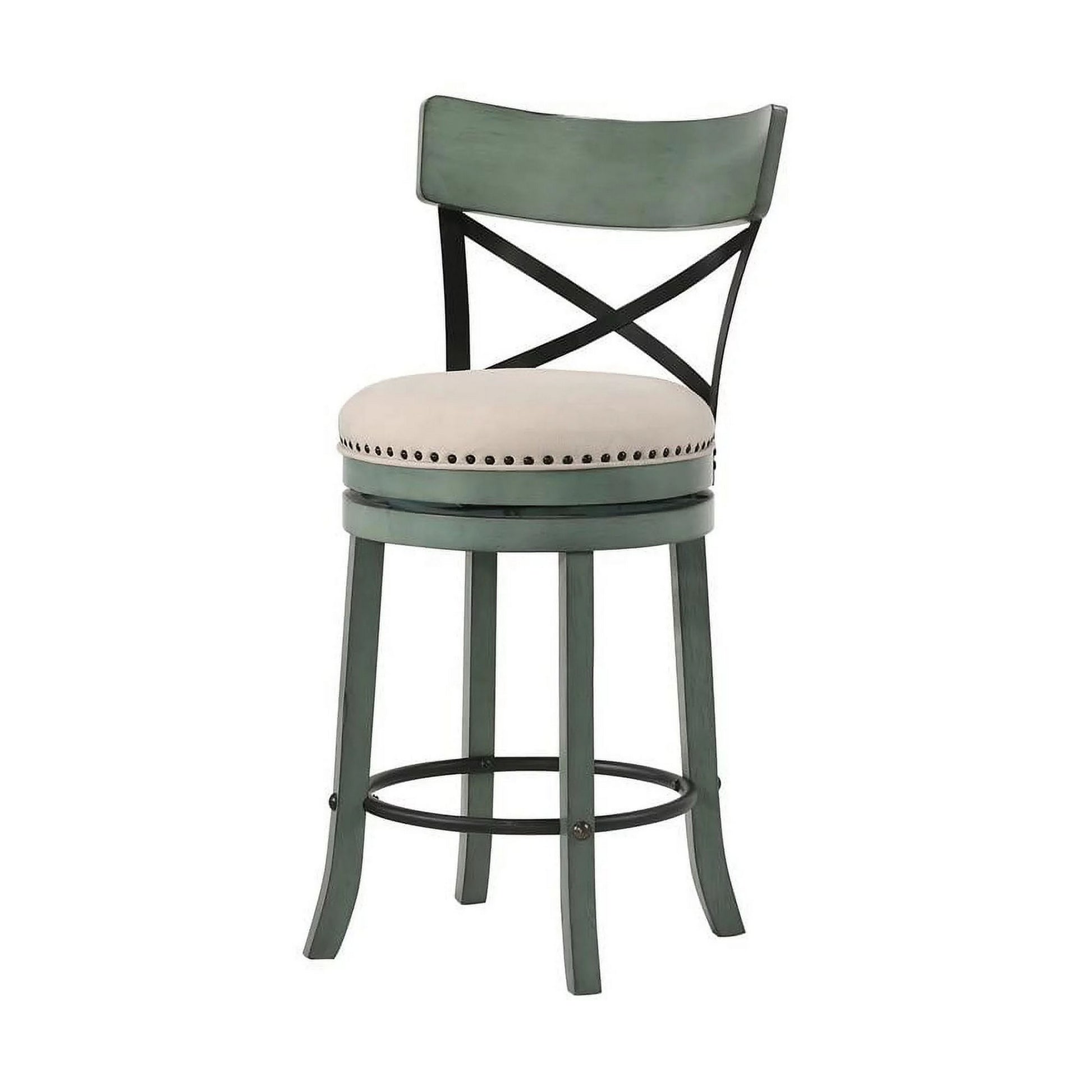 Vesper 31 Inch Swivel Barstool Chair Set of 2 Beige Seat Green Wood Frame By Casagear Home BM312144