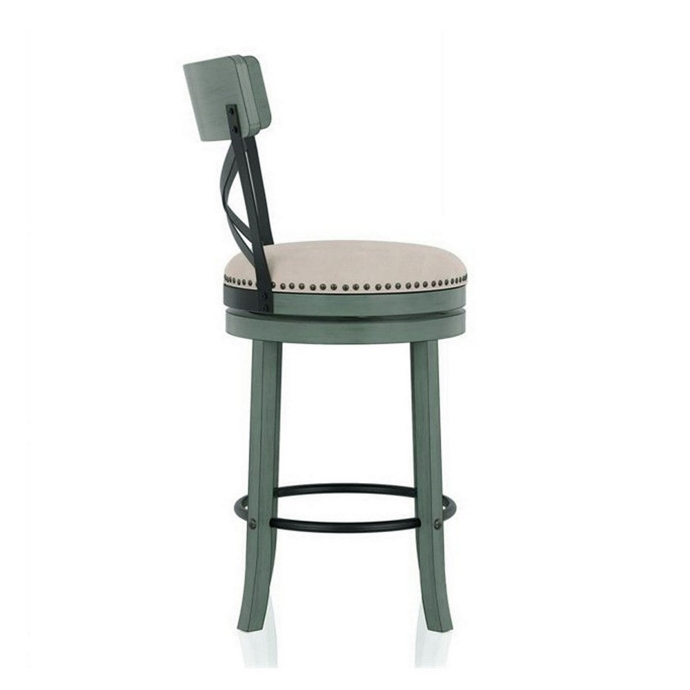 Vesper 31 Inch Swivel Barstool Chair Set of 2 Beige Seat Green Wood Frame By Casagear Home BM312144